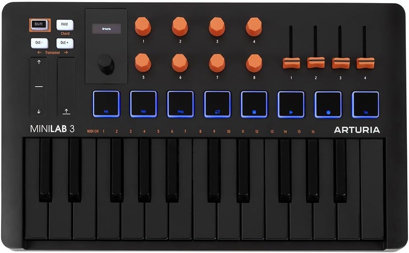Arturia MiniLab 3 - وحدة تحكم MIDI عالمية لإنتاج الموسيقى، مع حزمة برامج شاملة - 25 مفتاح، 8 وسادات متعددة الألوان - أبيض (MiniLab 3 فقط، أسود/برتقالي) - Image 1